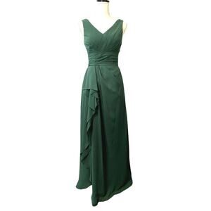 Azazie Size 4 Julianna Formal Dress Maxi A Line Pleated Waist V Neck Dark Green